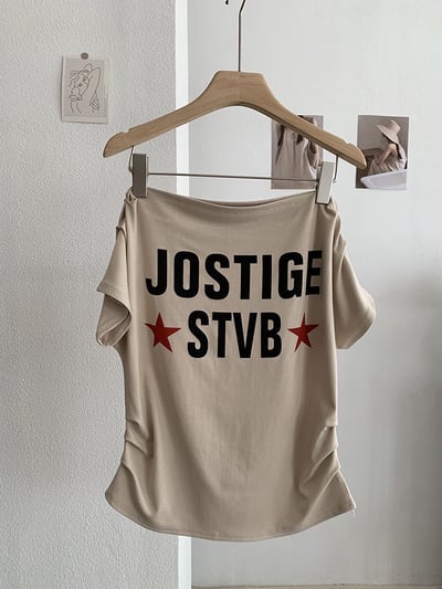MISSRSHOP 韓系一字領露肩 字母印花 修身顯瘦上衣 百搭露肩上衣 女生短T n2650228