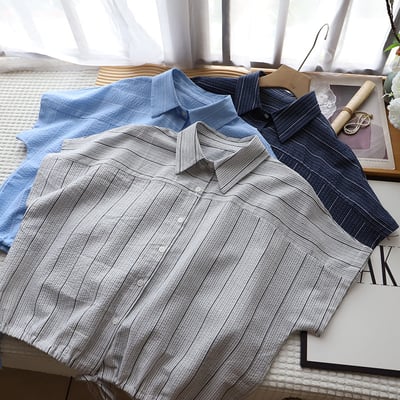 韓版POLO領復古條紋 休閒抽繩短袖襯衫 7025