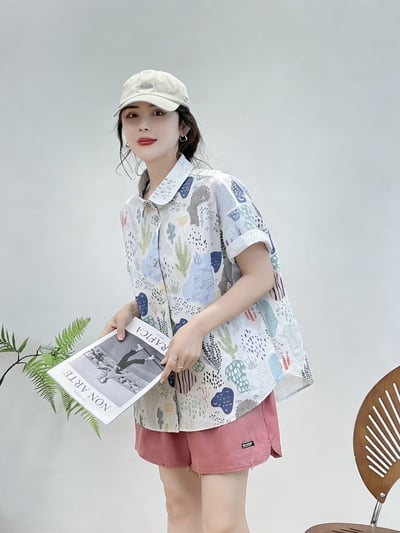 日系短袖襯衫 女 印花襯衫 寬鬆顯瘦 輕薄透氣 夏季百搭文藝上衣 n600726