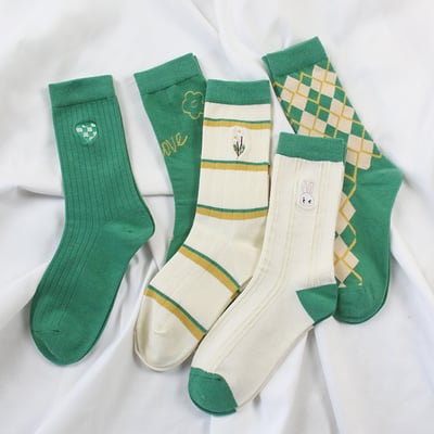 綠色系刺繡 中高筒女襪 ins潮襪運動百搭 243