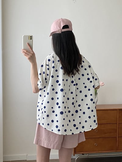 韓系日系休閒點點短袖襯衫  氣質通勤 寬鬆顯瘦百搭開衫 上衣 棉質翻領短袖 翻領襯衫 n600717