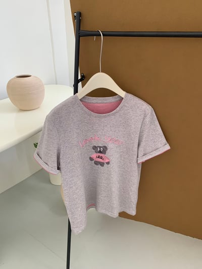 春夏刺繡粉衣熊 撞色內裏 短袖T恤 韓系日系 純棉透氣 寬鬆顯瘦 正韓感 萌系插畫 ins百搭 n600106
