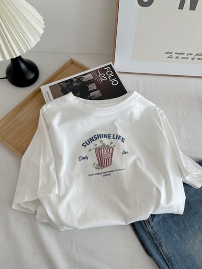 奶油杏色印花短袖T恤 女圓領寬鬆純棉 夏季薄款休閒上衣 韓版百搭 清新 氣質 時尚 潮流 n600074