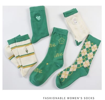 綠色系刺繡 中高筒女襪 ins潮襪運動百搭 246