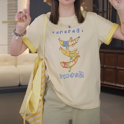 春夏可愛香蕉插畫 撞色滾邊 短袖T恤 韓系日系 純棉透氣 寬鬆顯瘦 韓感 食物系上衣 n600111