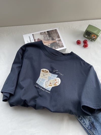 俏皮吃貨系 夏季純棉短袖T恤  女寬鬆顯瘦設計感上衣 百搭休閒 半袖 圓領 時尚 氣質  女裝 n600023