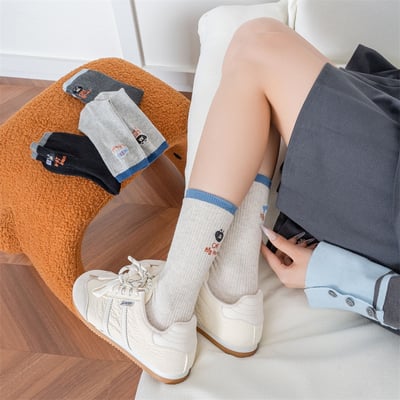 秋冬拼色AB版 刺繡小貓小魚字母 中筒襪堆堆襪  n1146