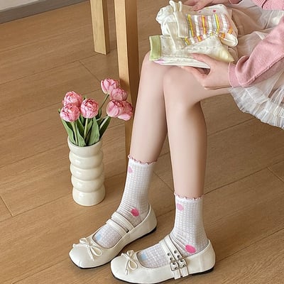 夏季薄款網眼襪 木耳邊波點愛心中筒襪 透氣荷葉邊襪子  501