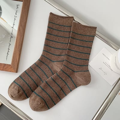 中筒襪 精梳棉 條紋撞色學院風 雙針女襪   5611