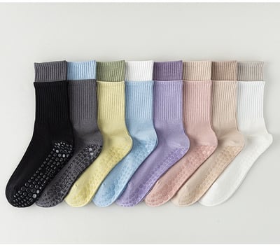 秋冬季吸汗運動襪 女士瑜伽點膠防滑 拼色長襪   n1076