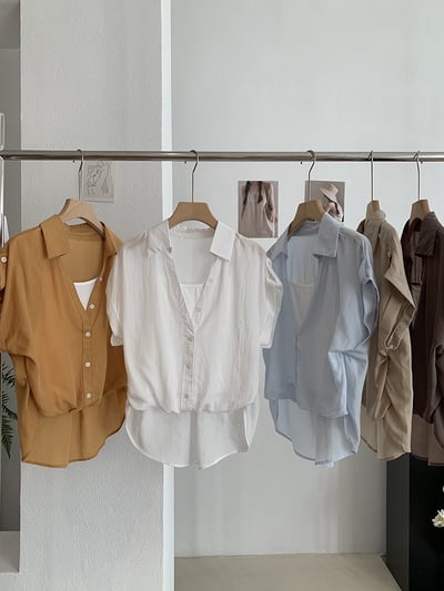 MISSRSHOP 韓系翻領假兩件短袖襯衫 女寬鬆顯瘦拼接上衣 百搭氣質襯衫 韓系休閒短袖上衣 n2650238