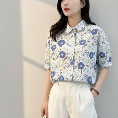 日系清新花卉短袖襯衫 女 寬鬆顯瘦薄款上衣 夏季百搭文青印花襯衣 n600742