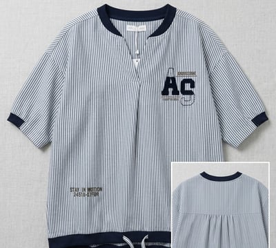 日本進口 細條紋上衣 寬鬆版 文青風 短袖T 女裝 日系慵懶風 居家休閒 百搭上衣 n601027