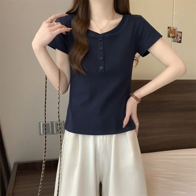 簡約排扣短袖顯瘦上衣 7031