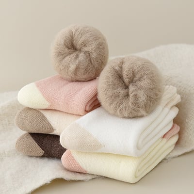 (冬襪) 加絨加厚保暖中筒襪 居家睡眠襪拼色襪  n1014