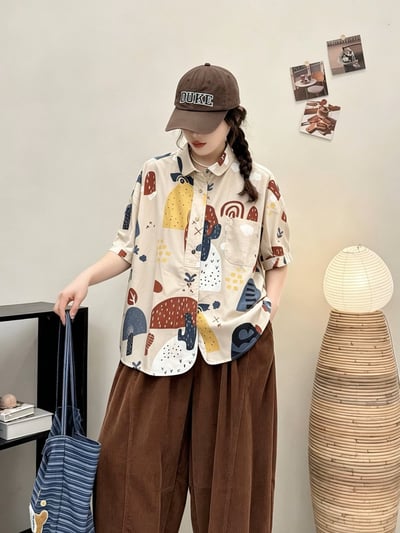 女裝日系短袖襯衫 印花襯衣 寬鬆顯瘦 棉質輕薄 夏季百搭文藝通勤上衣 n600735