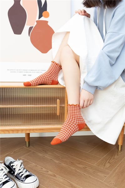 日系 方格子木耳邊 棉襪花邊森系學院風   025