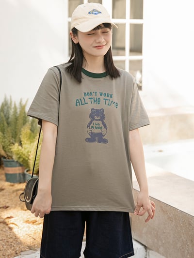 小熊印花撞色領  純棉短袖T恤 日系休閒上衣 7422