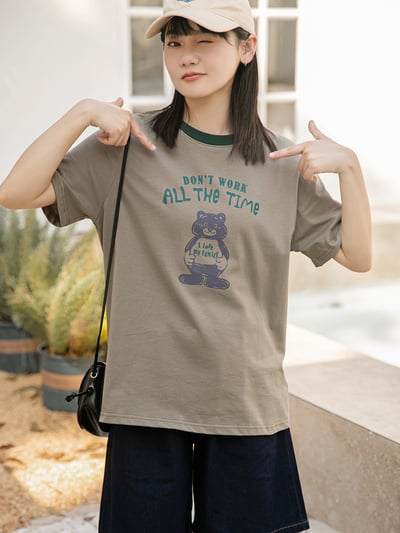 小熊印花撞色領  純棉短袖T恤 日系休閒上衣 7424