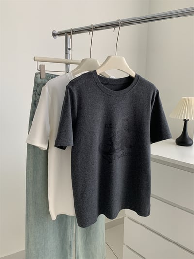 (春秋款)圓領正肩短袖 小狗磨毛T恤  7146