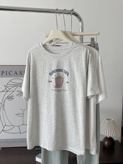 奶油杏色印花短袖T恤 女圓領寬鬆純棉 夏季薄款休閒上衣 韓版百搭 清新 氣質 時尚 潮流 n6000712