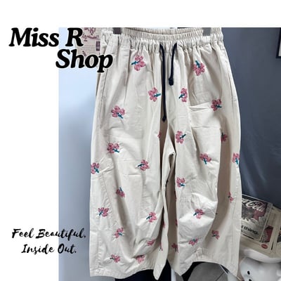 文藝風刺繡高腰闊腿褲 女 春夏新款 復古休閒褲 寬鬆顯瘦 落地褲 ins風 外貿長褲 垂墜感 氣質 百搭 褲子 n600532