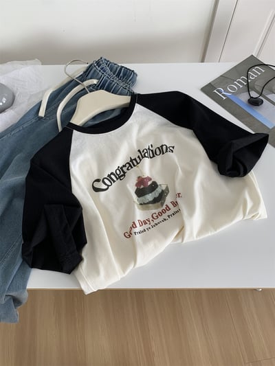 輕薄透氣雪花棉 韓系印花短袖 插肩袖T恤垂感上衣  7371