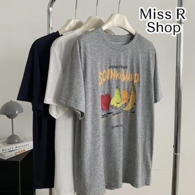 夏日韓系水果印花 慵懶垂感圓領短袖上衣   7361