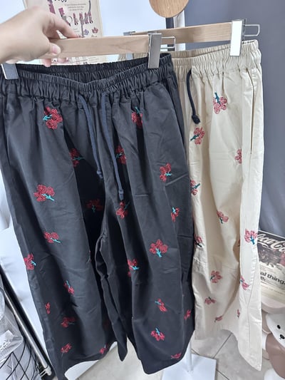 文藝風刺繡高腰闊腿褲 女 春夏新款 復古休閒褲 寬鬆顯瘦 落地褲 ins風 外貿長褲 垂墜感 氣質 百搭 褲子 n600535