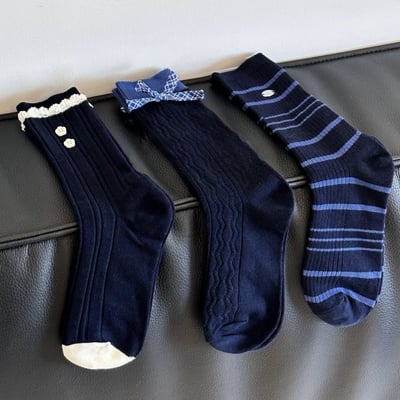 韓系藏青學院風格 中筒襪小花鈕扣襪   n1252