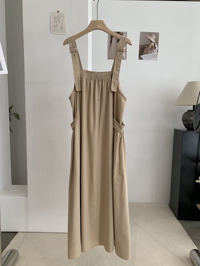 韓版寬鬆工裝背帶長洋裝｜洗水棉大口袋吊帶裙｜日系休閒顯瘦連身裙6