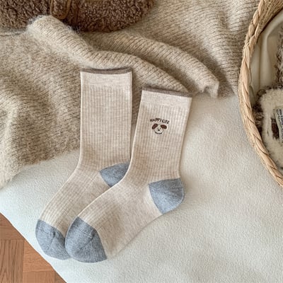 卡通刺繡可愛襪 日系咖色美拉德中筒襪   n1267