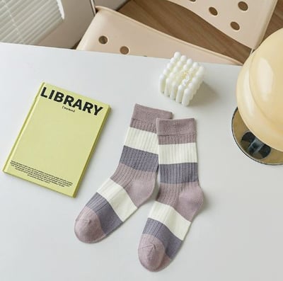 紫色系中筒襪日系拼色條紋 227