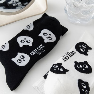 刺繡小貓中筒襪 潮系韓國薄款黑白襪  664