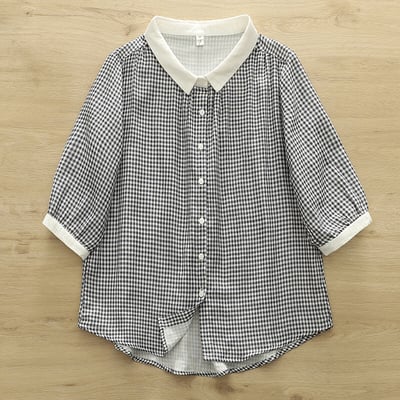 小清新圓領格子雙層棉紗短袖襯衫 7341