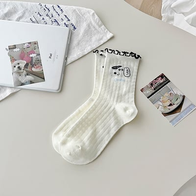 白色小狗網眼襪 夏季薄款中筒ins潮 純棉日系卡通  689
