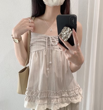 復古條紋吊帶背心 女生蕾絲荷葉邊上衣 抽繩細肩帶背心 森系文藝風 顯瘦甜美 夏季穿搭 n2650049