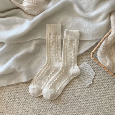 麻花羊毛襪 韓版簡約 純色加厚保暖中筒堆堆襪   n1176