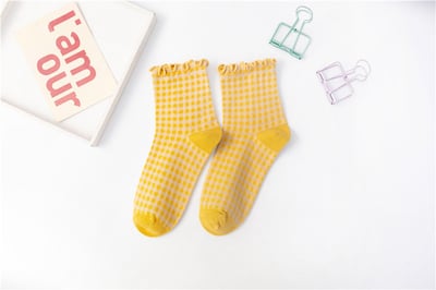 日系 方格子木耳邊 棉襪花邊森系學院風   027