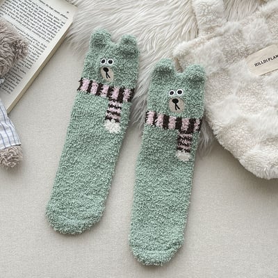 (厚襪) 刺繡圍巾小熊襪 珊瑚絨地板襪 睡眠加厚襪 n1098