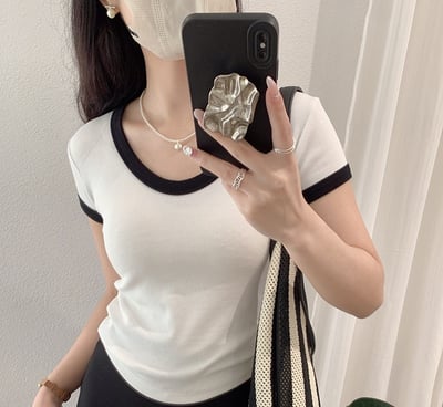 設計撞色滾邊V領短袖T恤 女裝顯瘦修身螺紋棉上衣 韓系百搭短版素色打底衫 n2650033
