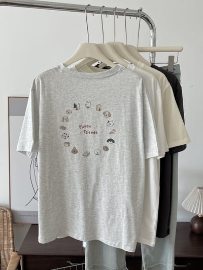夏季日系小狗印花短袖T恤 純棉寬鬆圓領百搭 前後圖案 可愛 休閒 時尚 潮流 女上衣 n600039