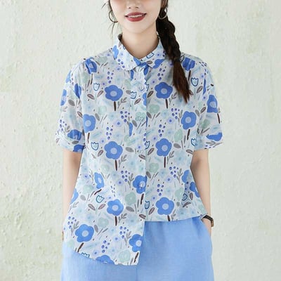 日系清新花卉短袖襯衫 女 寬鬆顯瘦薄款上衣 夏季百搭文青印花襯衣 n600742