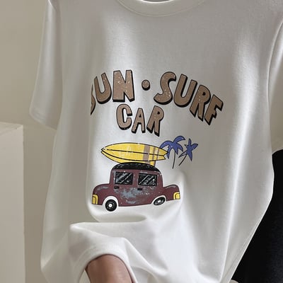 (春秋款)百搭汽車卡通 顯瘦灰色短袖T恤 7155