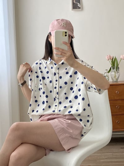 韓系日系休閒點點短袖襯衫  氣質通勤 寬鬆顯瘦百搭開衫 上衣 棉質翻領短袖 翻領襯衫 n600714