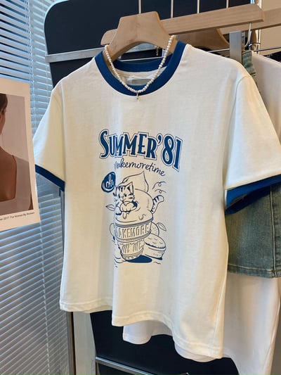 氣質寬鬆拼色印花卡通 純棉短袖T恤  7352