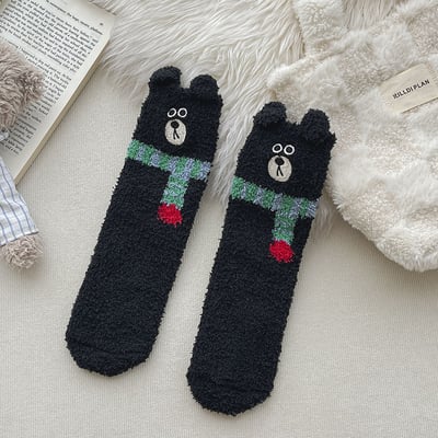 (厚襪) 刺繡圍巾小熊襪 珊瑚絨地板襪 睡眠加厚襪 n1095