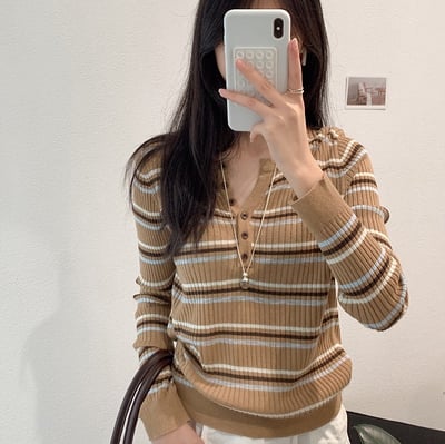 早秋美式復古撞色條紋針織衫 韓系胸前刺繡V領鈕扣長袖毛衣 修身顯瘦上衣1