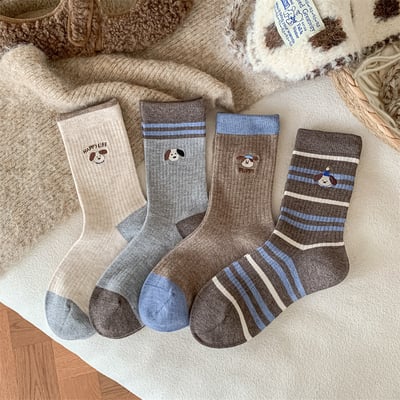 卡通刺繡可愛襪 日系咖色美拉德中筒襪   n1266