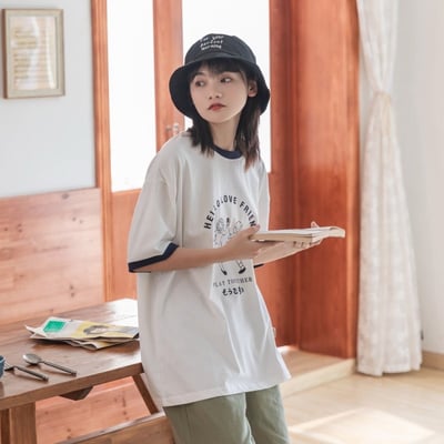 撞色印花 純棉短袖T恤 日系學院風寬鬆休閒上衣  7404